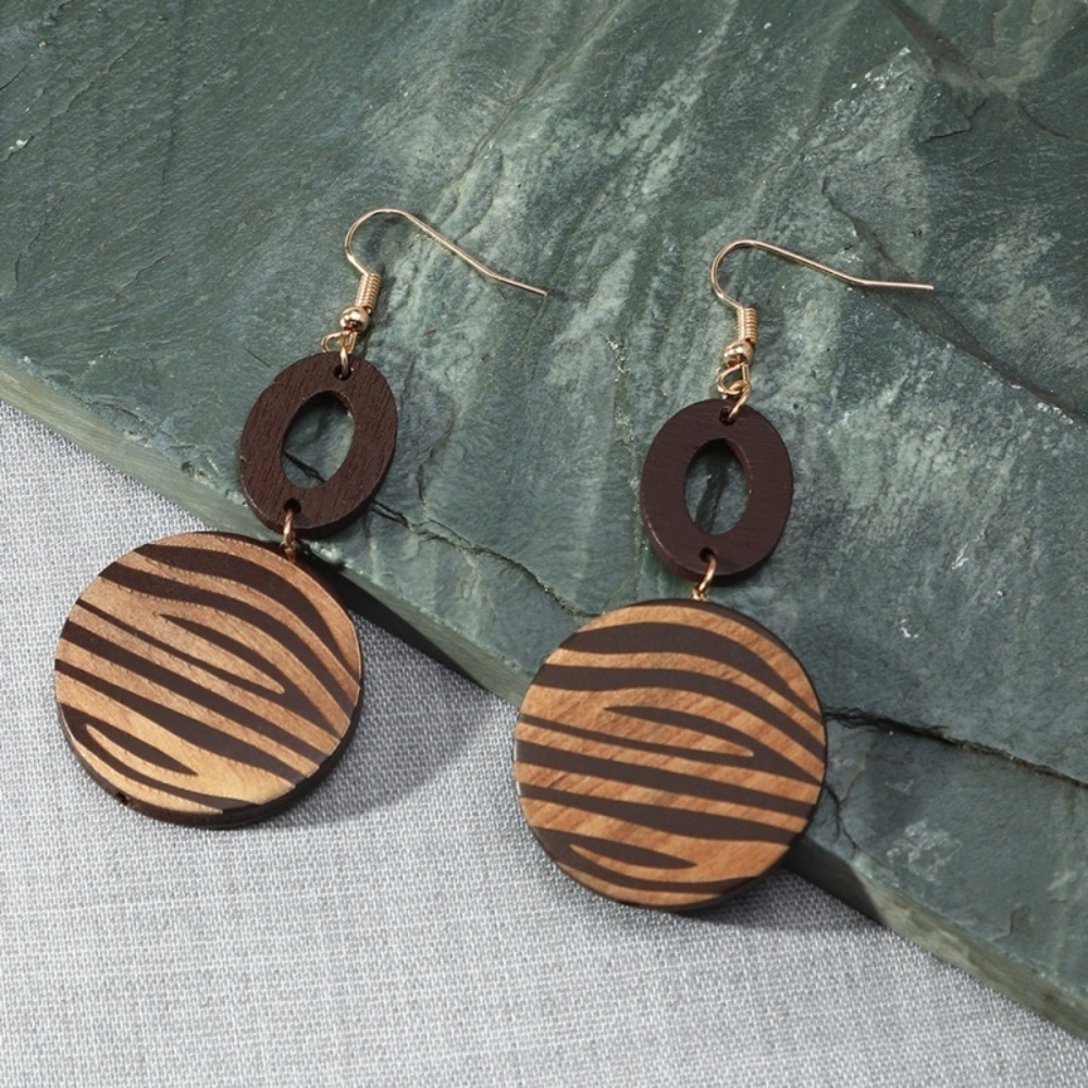 *ANIERA* Dark Brown Simple Round Zebra Print Wooden Fashion Earrings